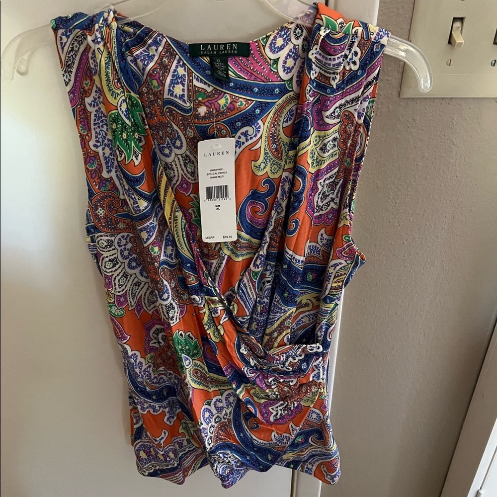 NWTs Lauren Ralph Lauren Orange Multicolor Wrap-like Top Size XL.